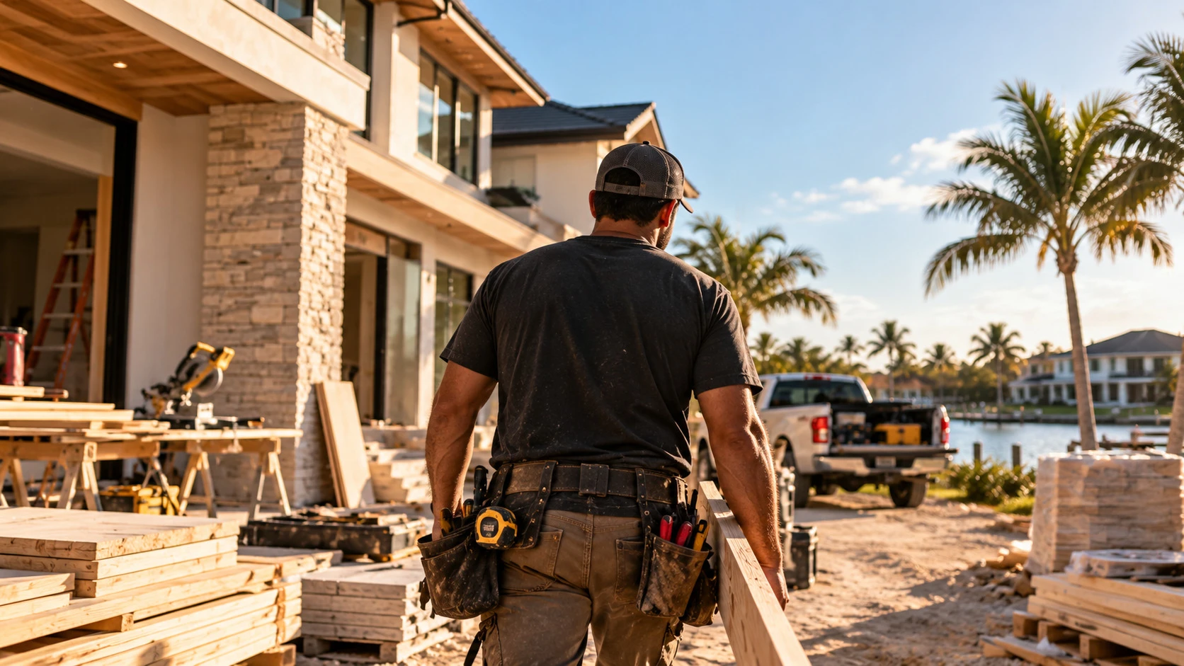 Contractor carregando madeira em uma obra residencial na costa americana, ao pôr do sol